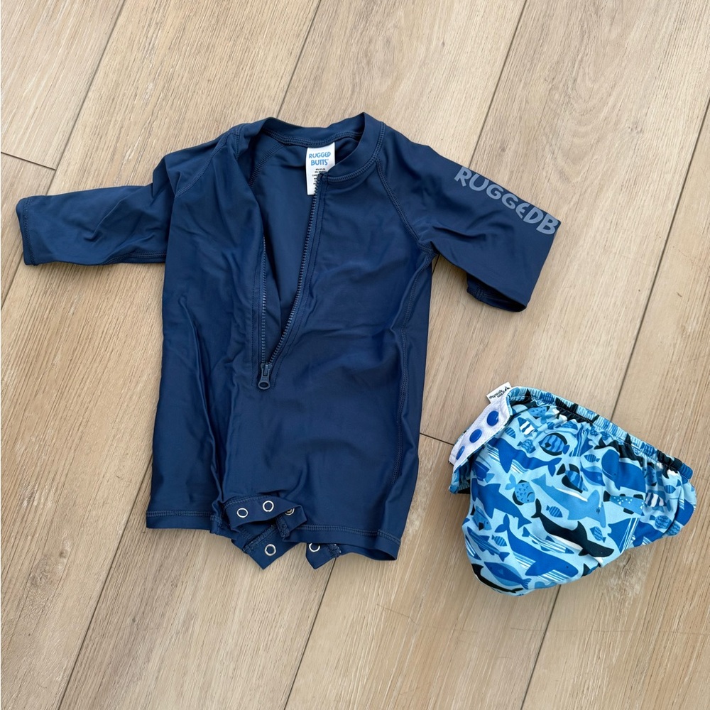 RuggedButts Navy Rash Guard and Shark Swim Diaper
